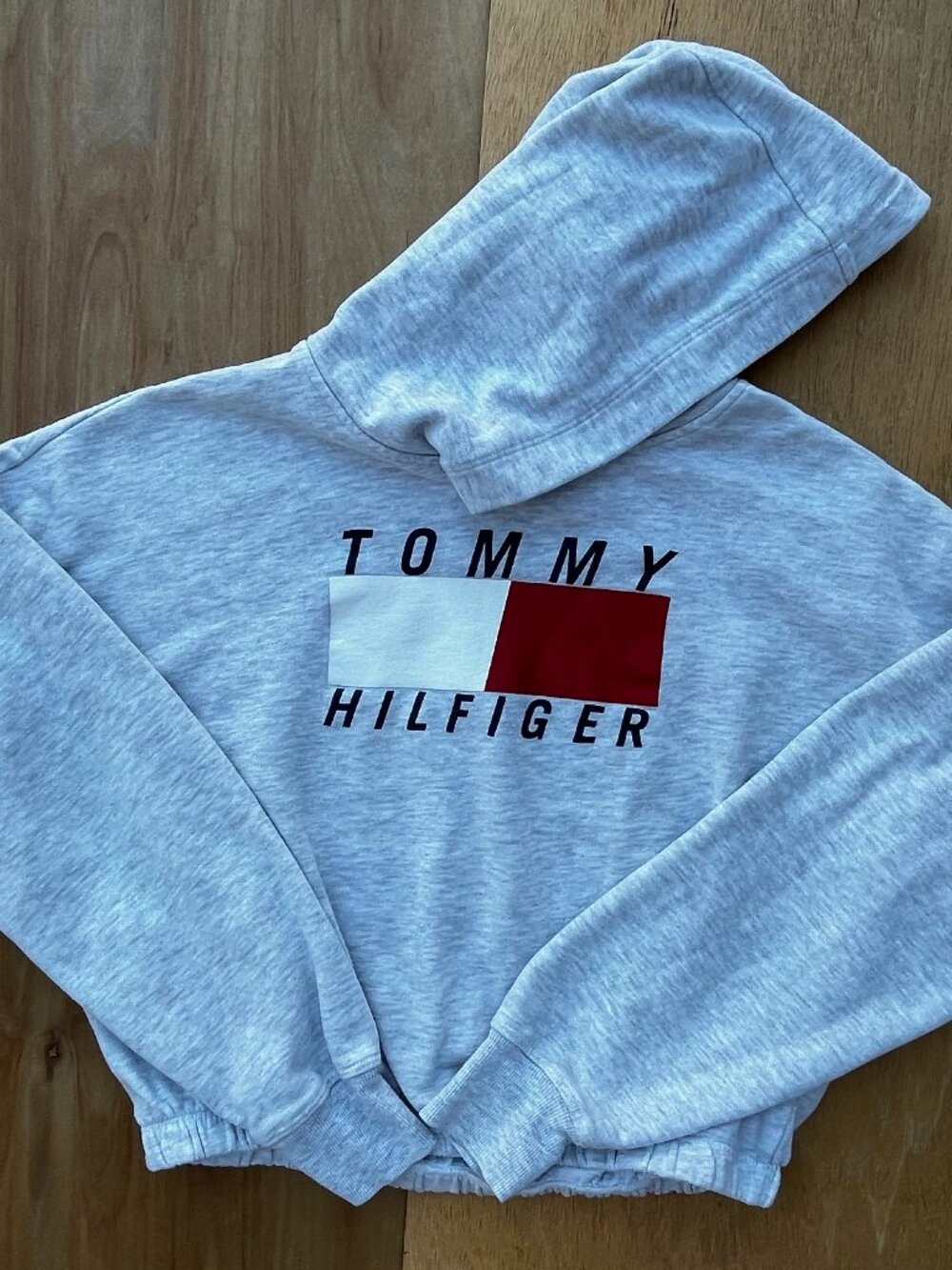 TOMMY HILFIGER SPORT CROPPED OVERSIZED PULLOVER HOODIE Women’s sz M Heather Gray
